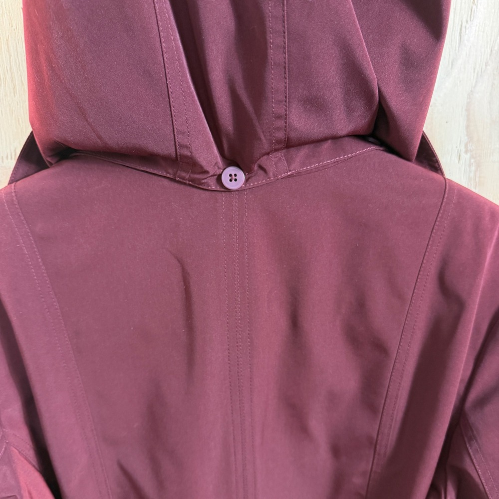 London Fog Trench Coat Womens L Burgundy Lined Belted Detachable Hood Classic - Picture 4 of 8